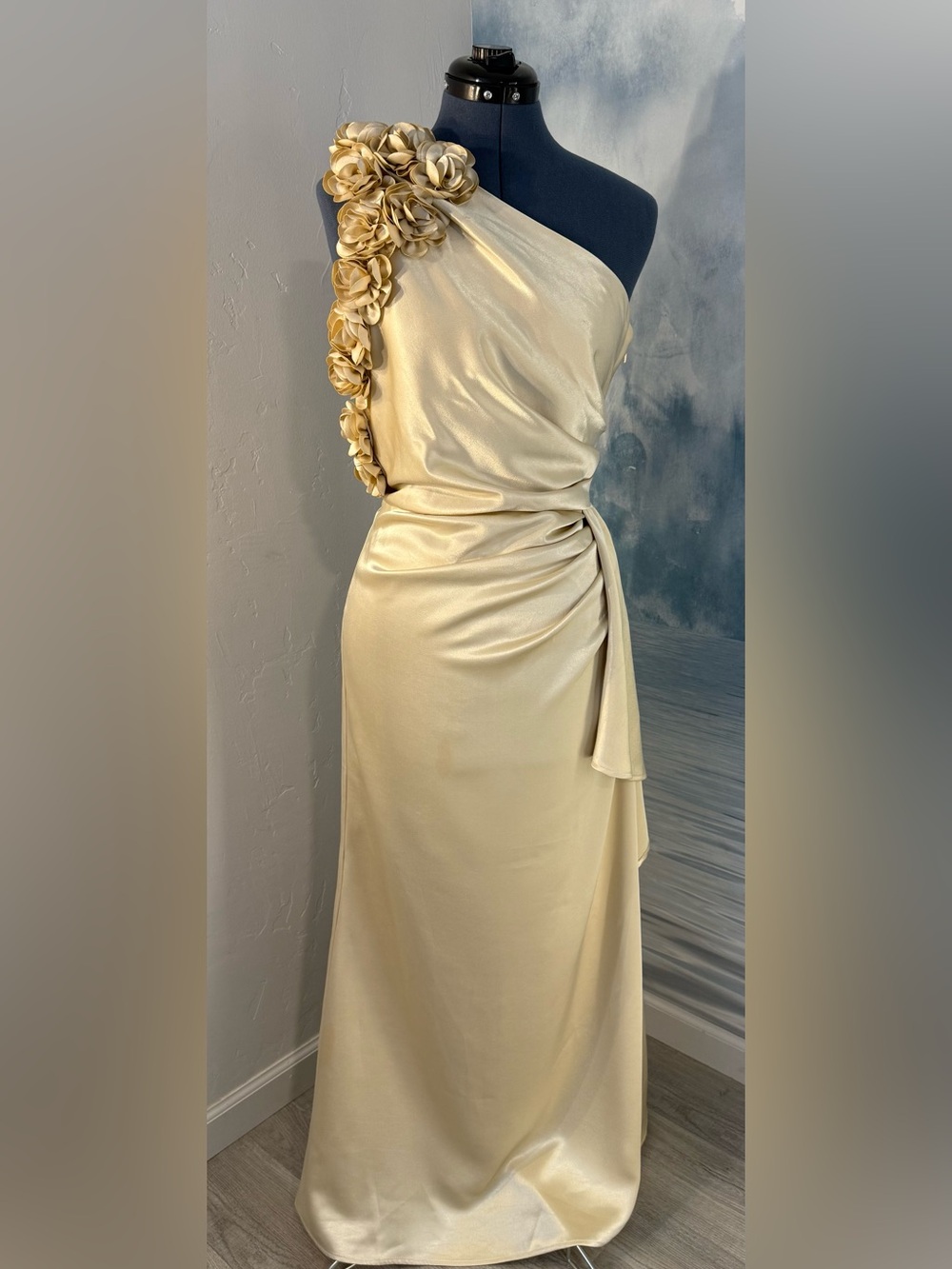 One-Shoulder Cream Satin Evening Gown with Floral Accent #396